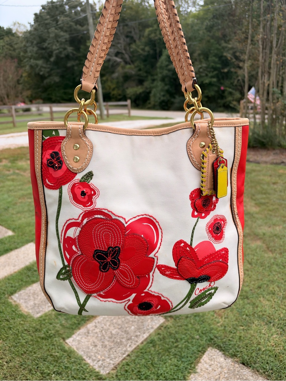 Coach Cream Canvas Shoulder Bag with Red Floral Appliqué and Tan Trim